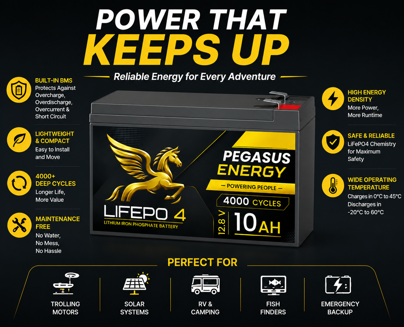 Pegasus Energy 12.8V 10Ah LiFePO4 Deep Cycle Battery