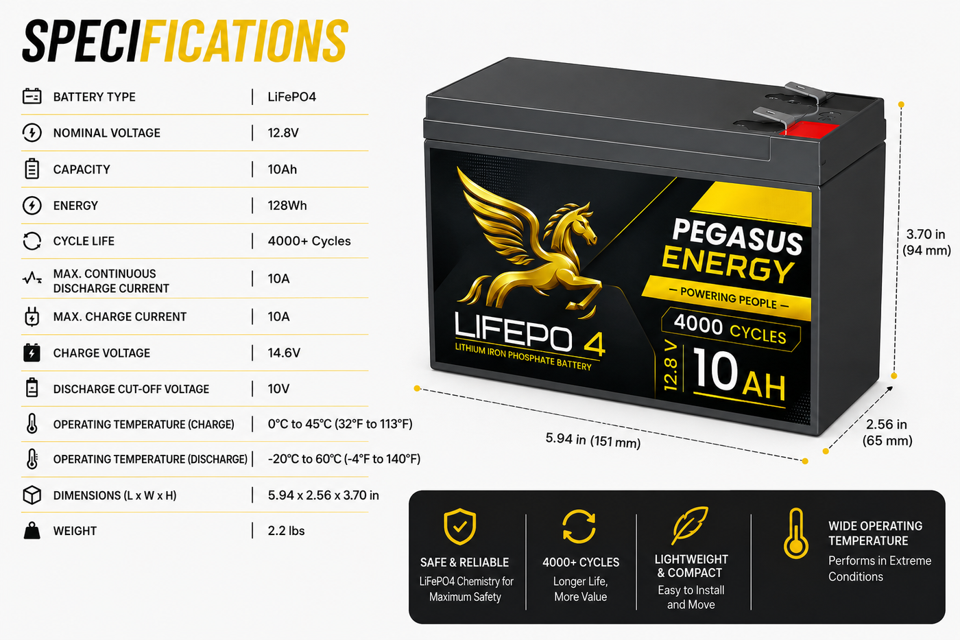 Pegasus Energy 12.8V 10Ah LiFePO4 Deep Cycle Battery