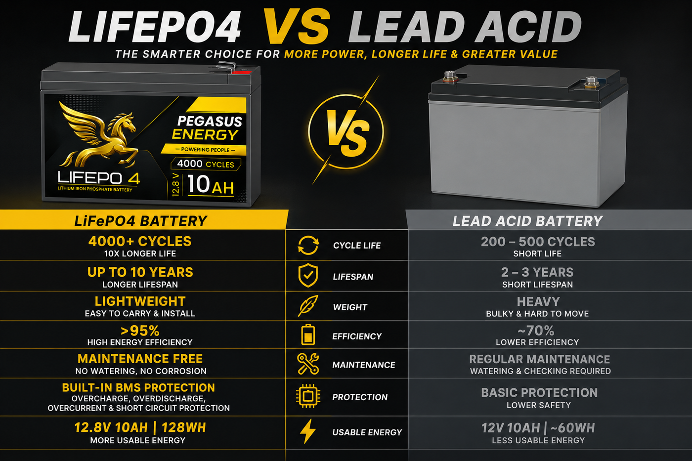 Pegasus Energy 12.8V 10Ah LiFePO4 Deep Cycle Battery